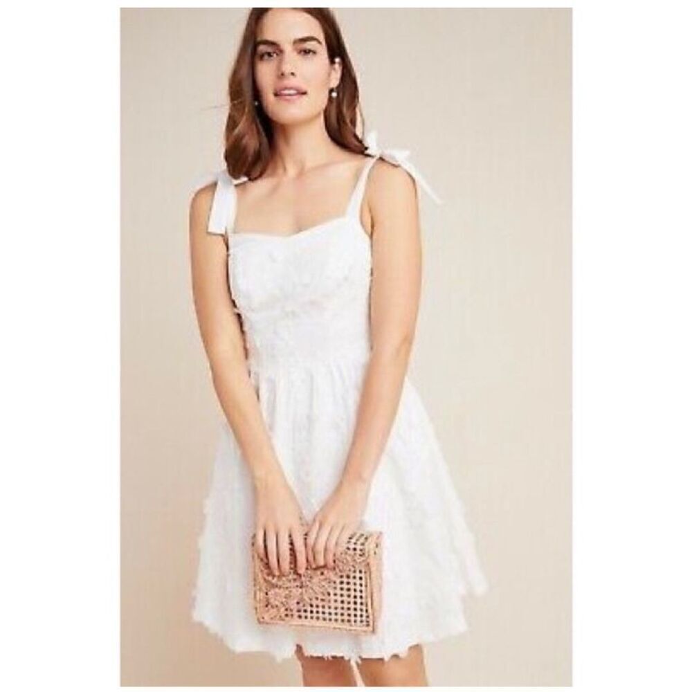 New Gal Meets Glam Anthropologie Floral Tie Shoulder Dress Size 0 White Romantic
